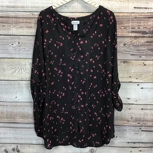 Catherine’s Roll Tab Blouse 2X Black Pink Floral